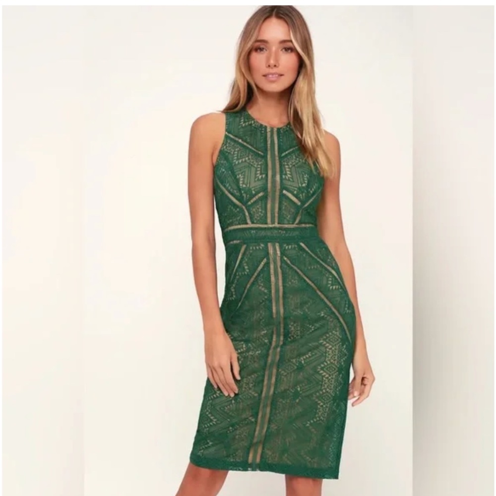 Bardot Eve Green Lace Sheath Midi Cocktail Dress US 6